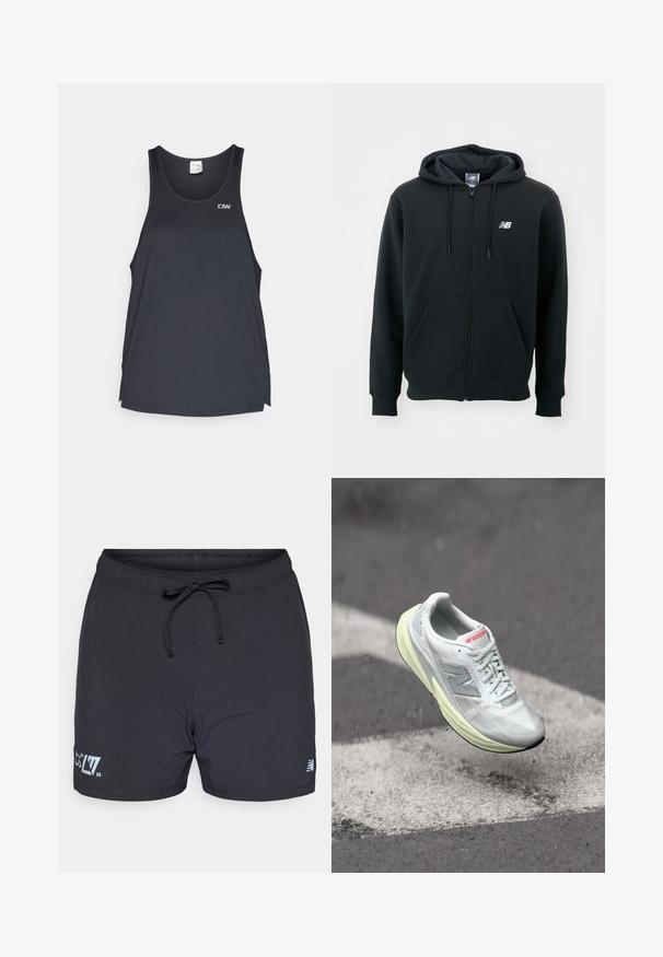 Svart hettejakke med glidelås, snorhette, frontlommer, ribbede mansjetter og en liten hvit logo på venstre bryst. Myk bomullsblanding.; Svart sportstopp i mesh med rund hals og en liten hvit logo øverst til venstre.; Sorte svømmebukser laget av lett materiale, med elastisk midjebånd og snøring, samt subtilt teksturmønster. Logo detaljer foran.; Lett løpesko med et hvitt mesh-overdel, gul mellomsåle og grå detaljer. Har et fremtredende 'N'-logo og teksturert overflate.