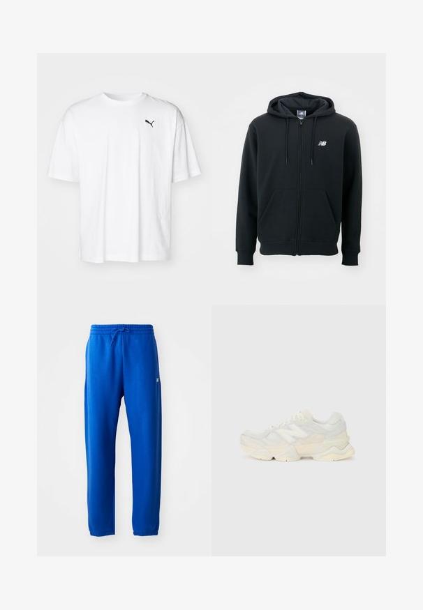 Melnā kapuce ar rāvējslēdzēju, ar regulējamu kapuci, priekšējām kabatām, ribotām aprocēm un mazu balto logotipu kreisajā krūtī. Mīksts kokvilnas sajaukuma materiāls.; Balts kokvilnas T-krekls ar apaļu kaklu un īsām piedurknēm. Uz kreisā krūts ir neliels melns Puma logo. Mīksts tekstūrs.; Zilas sporta bikses, kas izgatavotas no mīkstas auduma, ar elastīgu jostasvietu un aukliņu, sašaurinātām kājām un nelielu logotipa detaļu sānos.; Vieglas sporta apavus ar sieta un zamšādas augšdaļu maigos krēma tonī, ar masīvu zoli un trīsdimensionāliem akcentiem.