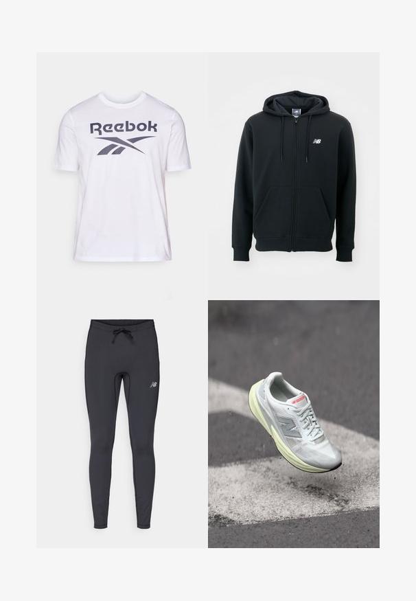 Sweatshirt preto com fecho éclair, capuz com cordão, bolsos frontais, punhos canelados e um pequeno logótipo branco no lado esquerdo do peito. Material macio em mistura de algodão.; T-shirt branca da Reebok com um grande logótipo e design gráfico cinza escuro na parte da frente. Feita de material de algodão macio, com mangas curtas.; Leggings atléticas pretas feitas de tecido elástico. Apresentam um cós com cordão e um pequeno logótipo refletor na parte frontal da coxa direita.; Shoe de corrida leve com um cabedal em malha branca, entressola amarela e detalhes cinzentos. Apresenta um proeminente logotipo ‘N’ e uma superfície texturizada.