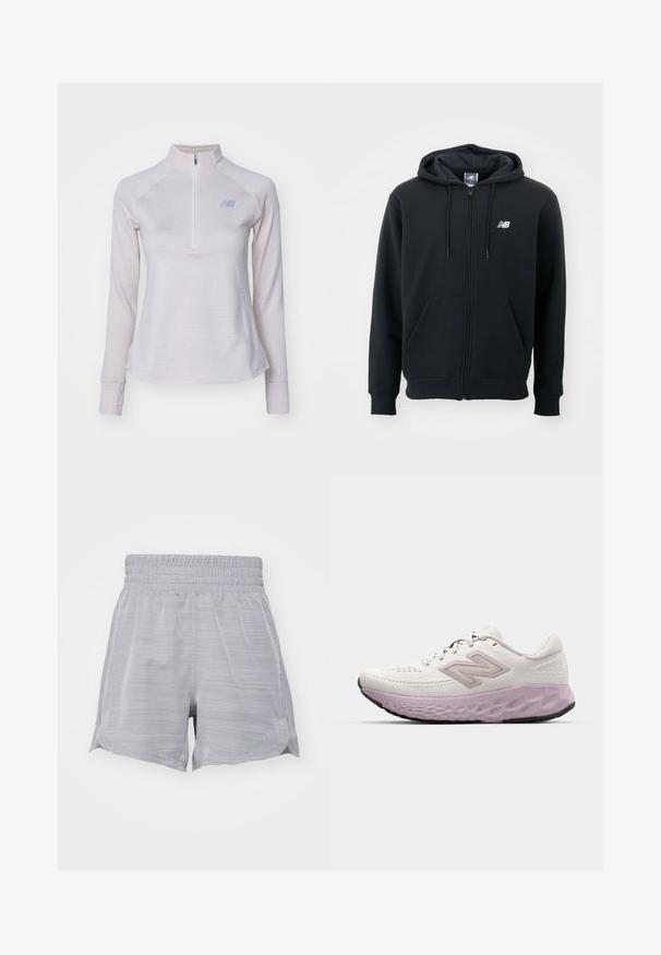 Black zip-up hoodie with a drawstring hood, front pockets, ribbed cuffs, and a small white logo on the left chest. Soft cotton blend material.; Light gray long-sleeve quarter-zip pullover with subtle stripes, soft texture, and a small logo on the chest. Features fitted sleeves.; Gray athletic shorts with an elastic waistband, featuring a textured pattern and side slits for mobility. Lightweight fabric.; Lightweight running shoe in white mesh with a pink midsole. Features a textured sole and side logo, designed for comfort and support.