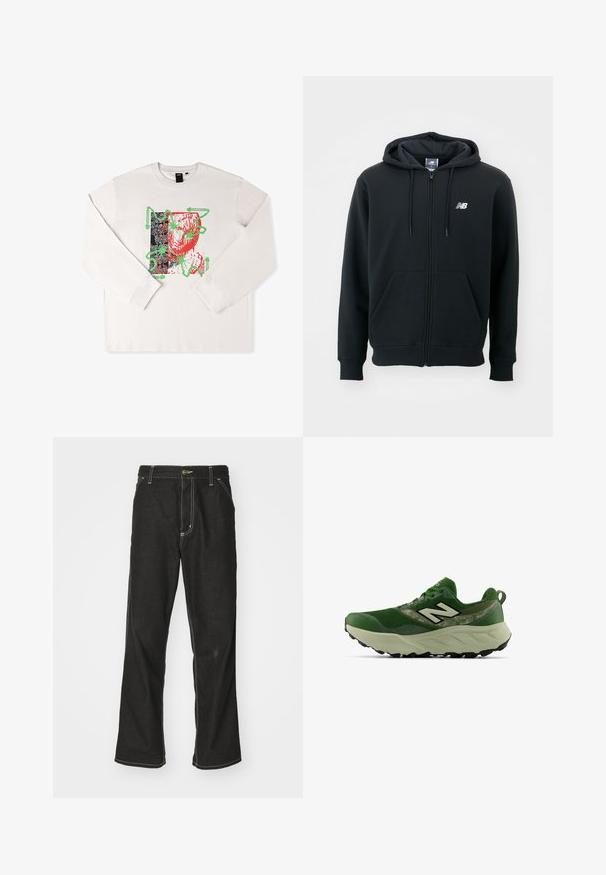 Svart hettejakke med glidelås, snorhette, frontlommer, ribbede mansjetter og en liten hvit logo på venstre bryst. Myk bomullsblanding.; Langermet hvit t-skjorte med grafisk trykk i rød og grønn, abstrakt design, og svart mønstrete bakgrunn.; Svarte denimbukser med løs passform, med kontrastfylt hvit søm, knappelukking og rett ben-design.; Grønn trening sneakers med tykk beige såle, svart mønster og hvit "N"-logo på siden, vist fra utsiden.
