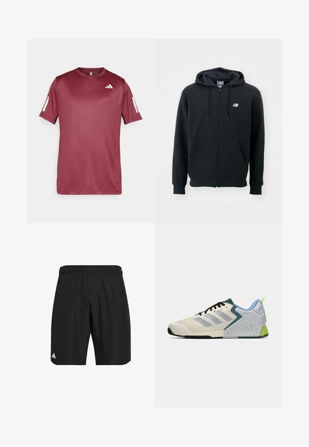 Sudadera con cremallera negra, capucha con cordón, bolsillos frontales, puños acanalados y un pequeño logo blanco en el lado izquierdo del pecho. Material suave de mezcla de algodón.; Camiseta deportiva corta de manga en color burdeos, hecha de un tejido suave y ligero. Presenta un logo blanco en el pecho y detalles en blanco en las mangas que contrastan.; Pantalones cortos deportivos negros con cintura elástica. Hechos de una tela ligera, con una textura sutil y un pequeño acento de logo blanco.; Zapatillas deportivas ligeras con parte superior de malla color crema, franjas grises, un acento verde y un contador de talón texturizado en azul. Cordones negros.