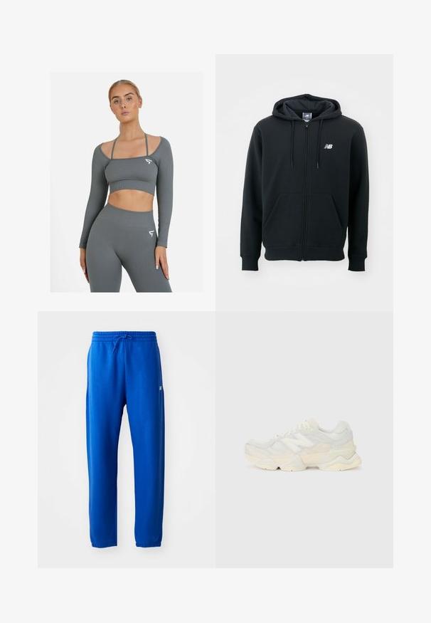 Black zip-up hoodie with a drawstring hood, front pockets, ribbed cuffs, and a small white logo on the left chest. Soft cotton blend material.; SQUATPROOF CONVEY SEAMLESS - Long sleeved top - grey; Blue sweatpants made of soft fabric, featuring an elastic waistband with drawstring, tapered legs, and a small logo detail on the side.; Lightweight sneaker featuring a mesh and suede upper in soft cream tones, with a chunky sole and three-dimensional accents.