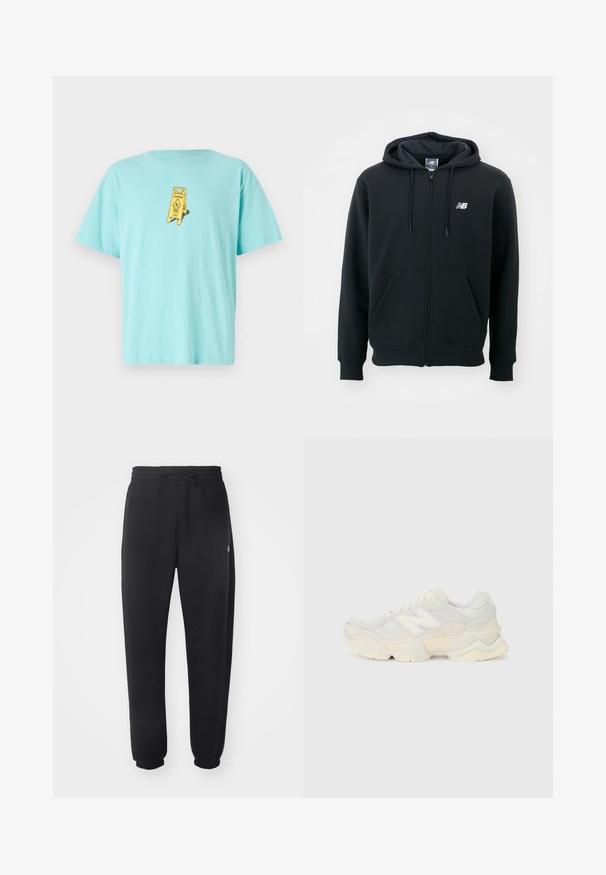 Fekete cipzáros kapucnis pulóver állítható kapucnival, elülső zsebekkel, bordás mandzsettákkal és egy kis fehér logóval a bal mellrészen. Puhaszövetű pamut keverékanyag.; Világoskék pamut póló, amelynek előoldalán sárga "Vigyázat" jel graphic található. Laza fazon, rövid ujjal és kerek nyakkivágással.; Fekete melegítő nadrág puha anyagból, rugalmas derékrésszel, zsinórral és szűkítő mandzsettákkal, oldalon diszkrét logóval.; Könnyű sportcipő, amely hálós és velúr felsőrésszel rendelkezik, lágy krémszínű árnyalatokban, vastag talppal és háromdimenziós díszítésekkel.