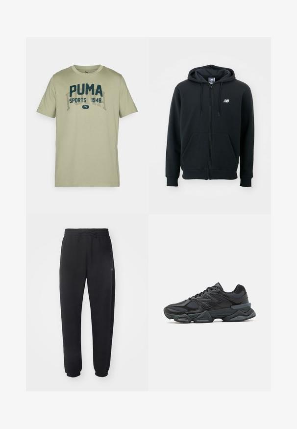 Črna zip-up kapuca z vrvico za kapuco, sprednjimi žepi, rebrastimi manšetami in majhnim belim logotipom na levi rami. Mehka bombažna mešanica.; Svetlo zelena bombažna majica s kratkimi rokavi, okroglim ovratnikom in temno modrim PUMA napisom, ki vsebuje "SPORTS 1948" v kontrastni pisavi.; Črne trenirke iz mehkega materiala z elastičnim pasom, vrvico in zoženimi manšetami, ki vsebujejo subtilen logotip na strani.; Črne tekaške superge, ki združujejo mrežaste in sintetične materiale, imajo debel podplat, ukrivljen oblikovni slog ter izrazito blagovno znamko na strani.