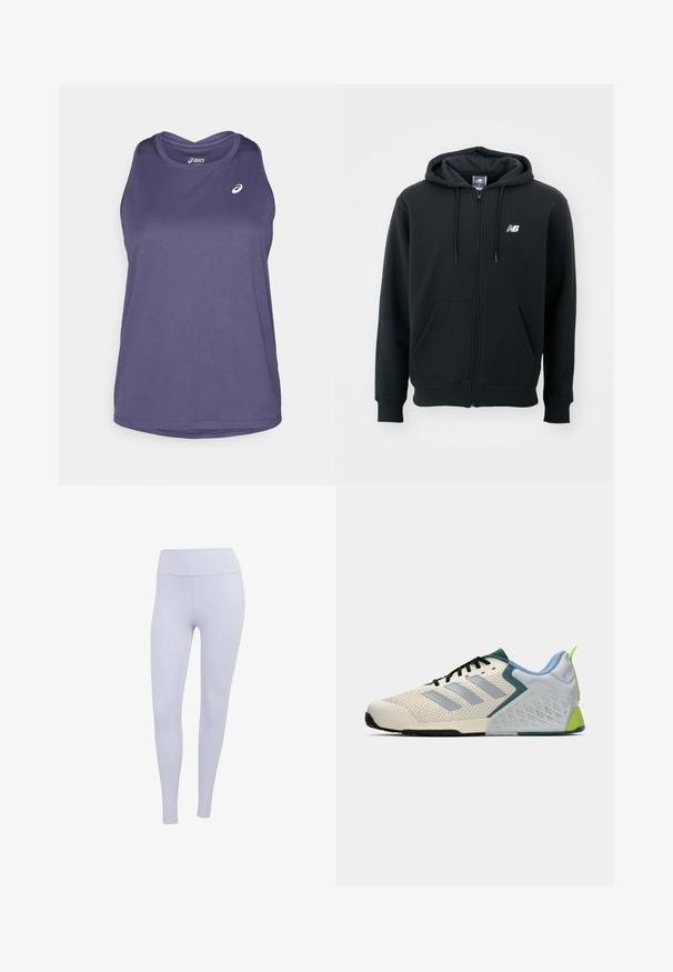 Crna dukserica na zatvaranje s kapuljačom na šnirc, prednjim džepovima, rebrastim manžetama i malim bijelim logom na lijevoj strani prsiju. Mekani materijal od pamuka.; Ljubičasti bezrukavni sportski top od lagane tkanine, s okruglim izrezom i suptilnim brendiranim logotipom na prednjem dijelu.; Svijetloplave tajice izrađene od rastezljivog materijala. Visoki struk, glatke teksture, bez vidljivih šavova ili uzoraka.; Lagane atletske cipele s gornjim dijelom od kremaste mreže, sivoj prugama, zelenim akcentom i teksturiranim plavim potporom pete. Crne vezice.