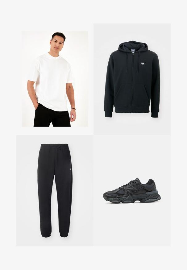 Black zip-up hoodie with a drawstring hood, front pockets, ribbed cuffs, and a small white logo on the left chest. Soft cotton blend material.; White crew neck t-shirt made from lightweight cotton. Short sleeves, relaxed fit, and flat seams. Worn with black pants, hands in pockets.; Black sweatpants made of soft material with an elastic waistband, drawstring, and tapered cuffs, featuring a subtle logo on the side.; Black running shoe featuring a mix of mesh and synthetic materials, chunky sole, curved design, and prominent branding on the side.