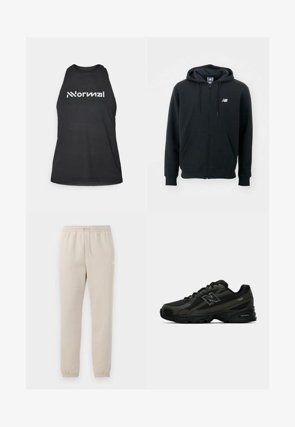 Mustat vetoketjuhuppari, jossa on kiristettävä huppu, etutaskut, ribbireunat ja pieni valkoinen logo vasemmassa rinnassa. Pehmeä puuvillasekoitemateriaali.; Musta urheilullinen hihaton toppi, jossa on teksturoitu kangas. Ominaisuudet: korkea kaula-aukko ja valkoinen logoteksti "Normal" etupuolella. Hihaton muotoilu.; Vaaleanbeiget verkkarit, jotka on valmistettu pehmeästä kankaasta. Niissä on joustava vyötärö, säädettävä nauha ja kapenevat hihnat nilkoissa.; Mustat urheilukengät, joissa on teksturoitu synteettinen päällinen, pehmustettu pohja ja näkyvä "N"-logo sivussa. Suunnittelussa on kevyitä verkkokohteita.