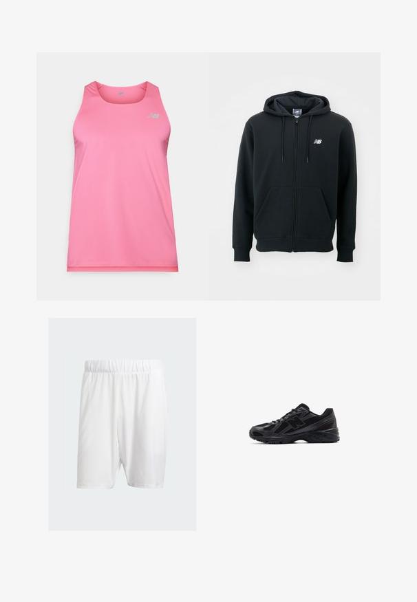 Crna dukserica na zatvaranje s kapuljačom na šnirc, prednjim džepovima, rebrastim manžetama i malim bijelim logom na lijevoj strani prsiju. Mekani materijal od pamuka.; Ružičasti atletski majica bez rukava napravljena od lagane tkanine. Ima izrezani dekolte i New Balance logo u sivoj boji na gornjoj lijevoj strani.; Bijele atletske kratke hlače od laganog materijala, s elastičnom pojasom, glatkom teksturom i dužinom do koljena.; Crne atletske tenisice s mrežastim gornjim dijelom i sintetičkim dodacima, s teksturiranim potplatom i reflektirajućim detaljima za bolju vidljivost.