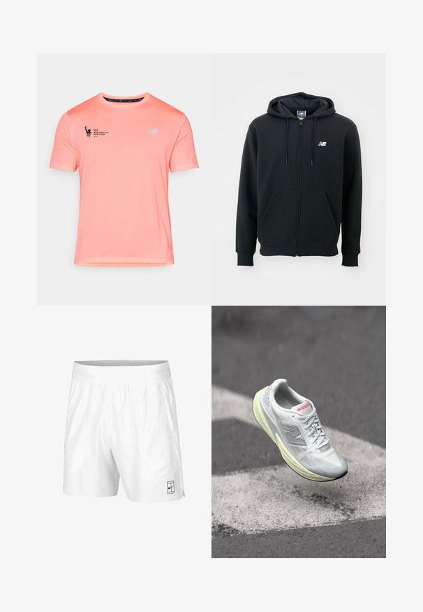 Must mustaga, millel on tõmblukk, reguleeritav kapuuts, esi-taskud, ribidega mansetid ja väike valge logo vasakul rinnakul. Pehme puuvillane segumaterjal.; Kerge, lühikeste varrukatega jooksusärk erksas roosas, millel on tekstureeritud pind, New Balance'i logo ja trükis "TCS New York City Marathon 2025".; Valged spordilühikesed püksid, mis on valmistatud kergest kangast, elastse vöökoha ja kahe küljetaskuga. Hemmi peal on väike must logo.; Kerge jooksujalanõud, millel on valgest kangast pealisosa, kollane vaheosas ja hallid aktsendid. Omab silmapaistvat „N“ logo ja tekstureeritud pinna.