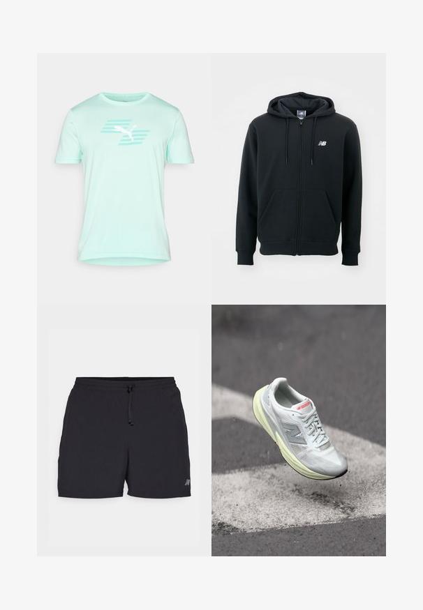 Fekete cipzáros kapucnis pulóver állítható kapucnival, elülső zsebekkel, bordás mandzsettákkal és egy kis fehér logóval a bal mellrészen. Puhaszövetű pamut keverékanyag.; Menta zöld, rövid ujjas póló sima anyagból. Fehér Puma logó található rajta, felette vízszintes csíkokkal. Normál fazon.; Fekete sportnadrág könnyű anyagból. Jellemzője a rugalmas derékpánt húzózsinórral, oldalsó zsebekkel és egy kicsi logó díszítéssel.; Könnyű futócipő fehér hálós felsőrésszel, sárga középtalppal és szürke akcentusokkal. Jellemzője a feltűnő "N" logó és a texturált felület.