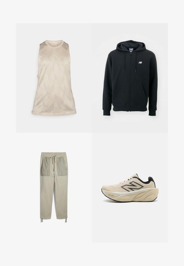 Must mustaga, millel on tõmblukk, reguleeritav kapuuts, esi-taskud, ribidega mansetid ja väike valge logo vasakul rinnakul. Pehme puuvillane segumaterjal.; Beež ilma varrukatoppi, millel on tekstureeritud geomeetriline muster, ümmargune kaelus ja külgedel lõhikud, valmistatud siledast ja kergest kangast.; Beezid püksid elastse vöökoha, paelaga, kahe suure esikotsega heledamas varjundis ja reguleeritavate pahkluu rihmadega.; Bež jooksujalats mustade aktsentidega, võrku pealmine osa, ümar varvas ja paks, pehmendatud talla osa, millel on tekstuur, mis tagab haarde.