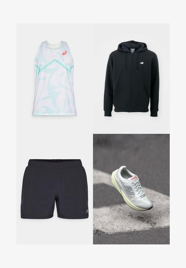 Černá mikina s kapucí na zip, se stahovací šňůrkou, předními kapsami, žebrovanými manžetami a malým bílým logem na levé straně hrudi. Měkký materiál z bavlněné směsi.; Bezečná sportovní tílko v bílé barvě s abstraktními vzory v světle modrozelené, s kulatým výstřihem a oranžovým logem na hrudi.; Černé sportovní šortky s elastickým pasem, lehkým materiálem a diskrétním logem na dolní levé straně. Hladká textura.; Lehká běžecká obuv s bílým síťovým svrškem, žlutou mezipodešví a šedými akcenty. Disponuje výrazným logem ‚N‘ a texturovaným povrchem.