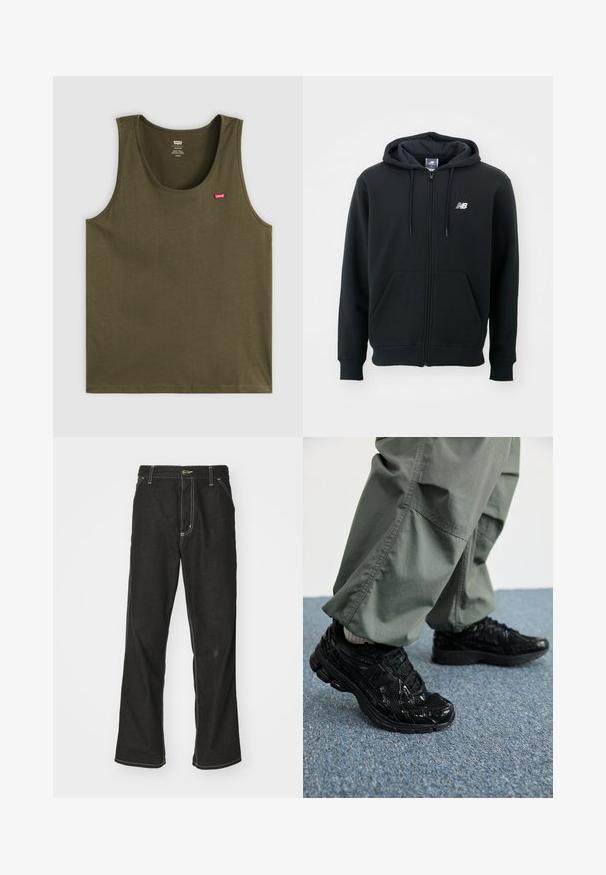 Sweatshirt preto com fecho éclair, capuz com cordão, bolsos frontais, punhos canelados e um pequeno logótipo branco no lado esquerdo do peito. Material macio em mistura de algodão.; Camisola de alças verde-oliva feita de tecido macio, com decote redondo e um pequeno logótipo vermelho no lado superior esquerdo. Design simples, sem padrões ou detalhes.; Calças de ganga pretas de corte largo, com costuras brancas em contraste, fecho de botão e design de perna reta.; Sapatilhas desportivas pretas com texturas brilhantes e de malha, apresentando uma sola grossa e atacadores, combinadas com calças cargo largas de cor verde-oliva.