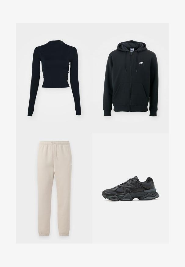 Juoda zip-up džemperis su raišteliu ant kapo, priekinėmis kišenėmis, gumele apdirbtomis rankovėmis ir maža balta logo ant kairės krūtinės. Minkšta medvilnės mišinio medžiaga.; Juodas ilgomis rankovėmis trumpas viršus su aukštu apykakle. Pagamintas iš lygios, prigludusios medžiagos, be matomų raštų ar akcentų.; Šviesiai smėlio spalvos sportinės kelnės, pagamintos iš minkštos medžiagos, su elastingu juosmeniu, reguliuojamu raišteliu ir siaurėjančiais rankovėmis ties kulkšnimis.; Juodas bėgimo batelis, pagamintas iš tinklinės ir sintetinės medžiagos, turintis stambų pado dizainą, kreivą formą ir ryškią prekės ženklą šone.