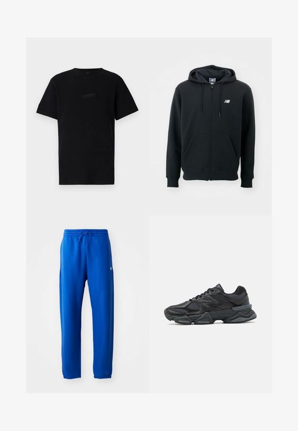 Črna zip-up kapuca z vrvico za kapuco, sprednjimi žepi, rebrastimi manšetami in majhnim belim logotipom na levi rami. Mehka bombažna mešanica.; Črna bombažna majica s kratkimi rokavi, rebrast teksturiran material, krožni izrez in vezeno logotip "FORMER" na sprednji strani.; Modre trenirke iz mehkega blaga, z elastičnim pasom in vrvico, zožanimi nogami ter majhnim logotipom na strani.; Črne tekaške superge, ki združujejo mrežaste in sintetične materiale, imajo debel podplat, ukrivljen oblikovni slog ter izrazito blagovno znamko na strani.