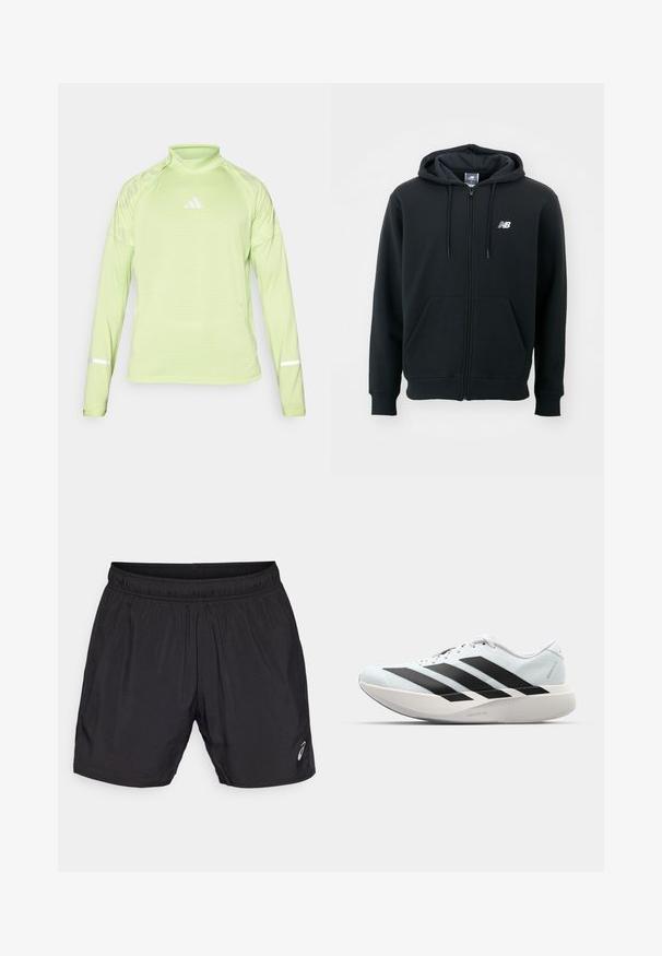 Sort zip-up hoodie med en snøre til hætten, frontlommer, ribstrikkede manchetter og et lille hvidt logo på venstre bryst. Blødt bomuldsblanding materiale.; Lysegrøn langærmet træningsskjorte med høj hals, der har et hvidt logo og reflekterende detaljer på ærmerne. Lavet af tekstureret, åndbart materiale.; Sorte atletiske shorts lavet af letvægtsmateriale, med en elastisk talje og et lille logo på nederste venstre side.; Letvægtige løbesko i lys blå med sorte striber. Har en glat overdel, rund tå og tyk hvid mellemsål mærket "LIGHTSTRIKE PRO."