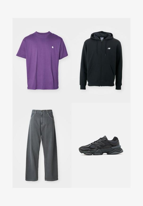 Czarna bluza z kapturem na zamek błyskawiczny, z kapturem ze sznurkiem, przednimi kieszeniami, ściągaczami na rękawach oraz małym białym logo na lewej piersi. Wykonana z miękkiego materiału mieszanki bawełny.; Fioletowa bawełniana koszulka z krótkim rękawem, okrągłym dekoltem i małym białym logo na lewej stronie klatki piersiowej. Gładka faktura, minimalistyczny design.; Szare dżinsowe spodnie o szerokich nogawkach i wysokim stanie, z kieszeniami frontowymi, szlufkami na pasek i zapięciem na guzik w pasie.; Czarne buty biegowe z mieszanką siateczki i materiałów syntetycznych, masywną podeszwą, opływowym kształtem oraz wyraźnym brandingiem z boku.