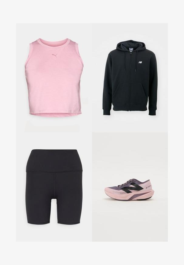 Črna zip-up kapuca z vrvico za kapuco, sprednjimi žepi, rebrastimi manšetami in majhnim belim logotipom na levi rami. Mehka bombažna mešanica.; Roza brezrokavni crop top, izdelan iz mehkega blaga. Ima okroglo ovratnico in majhen, subtilen logo na prsih. Gladka struktura.; Črne atletske kratke hlače iz raztegljivega materiala, z visokim pasom, gladko teksturo in brez vidnih vzorcev ali opreme.; Lahka tekaška čevlja s oblikovanjem v gradientu roza in vijolične barve. Ima zračen zgornji del iz mreže, črne detajle in oblazinjen podplat.