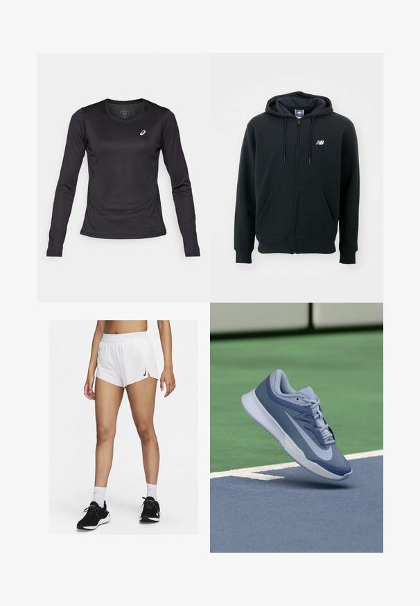 Fekete cipzáros kapucnis pulóver állítható kapucnival, elülső zsebekkel, bordás mandzsettákkal és egy kis fehér logóval a bal mellrészen. Puhaszövetű pamut keverékanyag.; ASICS CORE TOP - Hosszú ujjú felső - performance black; Fehér sportos rövidnadrág bordázott derékpánttal, oldalsó hasítékokkal és fekete Nike logóval. Fekete sportcipővel és fehér bokazoknival viselve.; Könnyű kék és sötétkék sportrüszke, textúrált felsőrésszel, lapos fűzőkkel és könnyű fehér talppal. Emelt pozícióban egy pálya fölött.