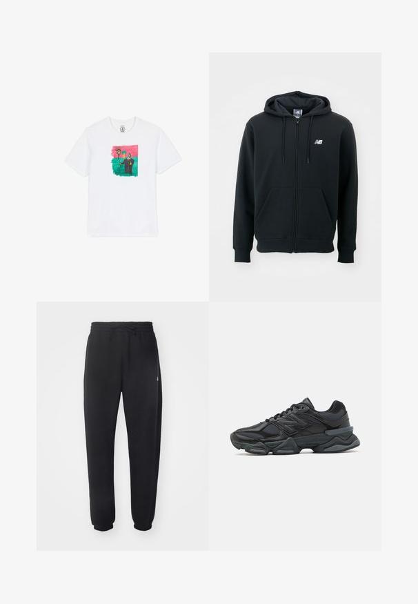 Black zip-up hoodie with a drawstring hood, front pockets, ribbed cuffs, and a small white logo on the left chest. Soft cotton blend material.; White cotton t-shirt featuring a colorful, abstract drawing with a sun and a figure on a green background, framed by pink. Short sleeves.; Black sweatpants made of soft material with an elastic waistband, drawstring, and tapered cuffs, featuring a subtle logo on the side.; Black running shoe featuring a mix of mesh and synthetic materials, chunky sole, curved design, and prominent branding on the side.