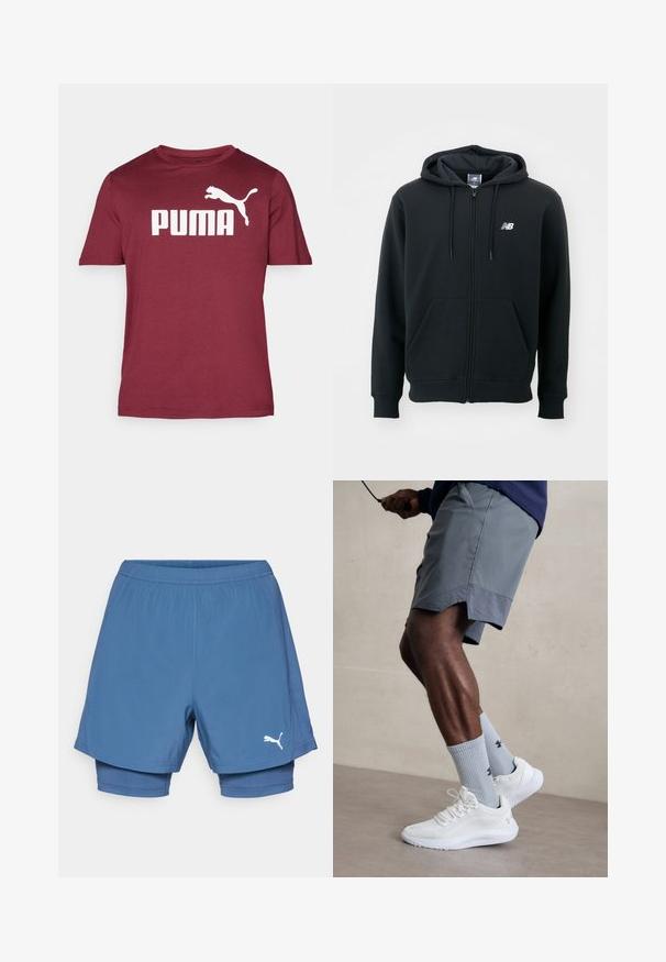 Black zip-up hoodie with a drawstring hood, front pockets, ribbed cuffs, and a small white logo on the left chest. Soft cotton blend material.; Maroon short-sleeve T-shirt made of soft fabric featuring a large white "PUMA" logo and leaping puma graphic on the front.; Puma blue athletic shorts with a layered design, featuring an elastic waistband, smooth texture, and a white logo on the lower leg.; White athletic shoes with textured mesh upper, paired with light blue ribbed socks featuring a logo. Grey athletic shorts with perforated trim.