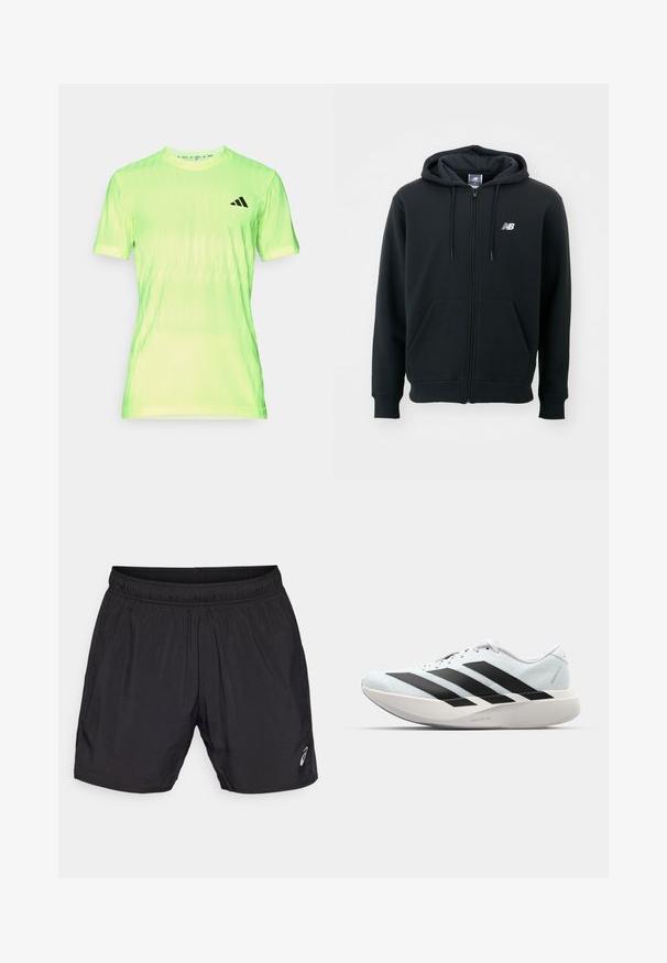 Svart hettejakke med glidelås, snorhette, frontlommer, ribbede mansjetter og en liten hvit logo på venstre bryst. Myk bomullsblanding.; Kortermet treningsskjorte i lys neongrønn, laget av lettvektig stoff med bølget tekstur og svarte logoer på brystet.; Sorte treningsshorts laget av lett materiale, med elastisk midje og en liten logo på nedre venstre side.; Lette løpesko i lys blå med svarte striper. Har en myk overdel, rund tå og tykk hvit mellomsole merket "LIGHTSTRIKE PRO."