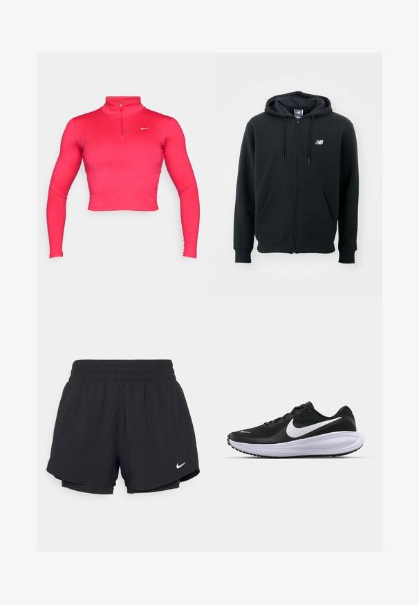 Crna dukserica na zatvaranje s kapuljačom na šnirc, prednjim džepovima, rebrastim manžetama i malim bijelim logom na lijevoj strani prsiju. Mekani materijal od pamuka.; Roza skraćena dugorosna sportska majica s visokim ovratnikom i četvrtastim zatvaračem. Izrađena od glatkog, rastezljivog materijala s malim bijelim logom.; Crne sportske kratke hlače s naboranom elastičnom trakom u struku, podstavljene, s bijelim Nike logom na donjoj lijevoj strani. Glatka, lagana tkanina.; Crne sportske tenisice s teksturiranim mrežastim gornjim dijelom, bijelim swoosh logotipom, podstavljenim ovratnikom i debelim, podstavljenim bijelim srednjim dijelom. Guma potplat.