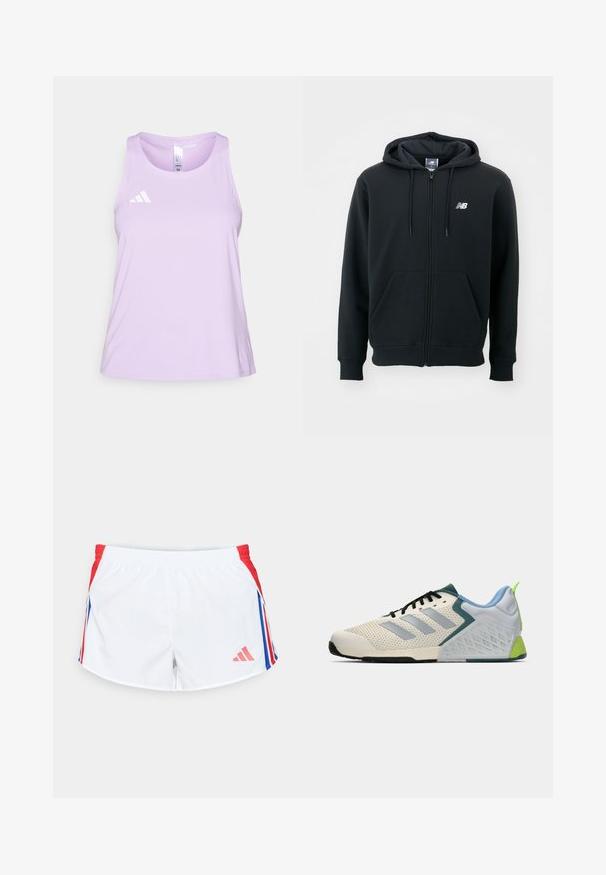Svart hettejakke med glidelås, snorhette, frontlommer, ribbede mansjetter og en liten hvit logo på venstre bryst. Myk bomullsblanding.; adidas Performance ADIZERO TANK - Topper - powder plum; Hvite sportsshortser med røde sidepaneler og blå striper. Elastisk livlinning og logo på nedre venstre side. Glatt stofftekstur.; Lettvektsidrettssko med et kremfarget mesh-overdel, grå striper, en grønn detalj og en teksturert blå hæl. Svarte lisser.