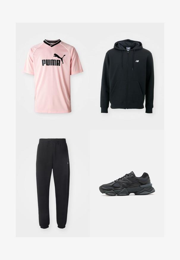 Juoda zip-up džemperis su raišteliu ant kapo, priekinėmis kišenėmis, gumele apdirbtomis rankovėmis ir maža balta logo ant kairės krūtinės. Minkšta medvilnės mišinio medžiaga.; Rožinė sportinė marškinė, pagaminta iš kvėpuojančios medžiagos. Su juoda v-kaklo apykakle ir juodu Puma logotipu priekyje. Trumpomis rankovėmis su tekstūruotu dizainu.; Juodi sportiniai kelniai, pagaminti iš minkštos medžiagos, su elastinga juosmena, raišteliu ir siaurėjantys ties apačia, su subtiliu logotipu šone.; Juodas bėgimo batelis, pagamintas iš tinklinės ir sintetinės medžiagos, turintis stambų pado dizainą, kreivą formą ir ryškią prekės ženklą šone.