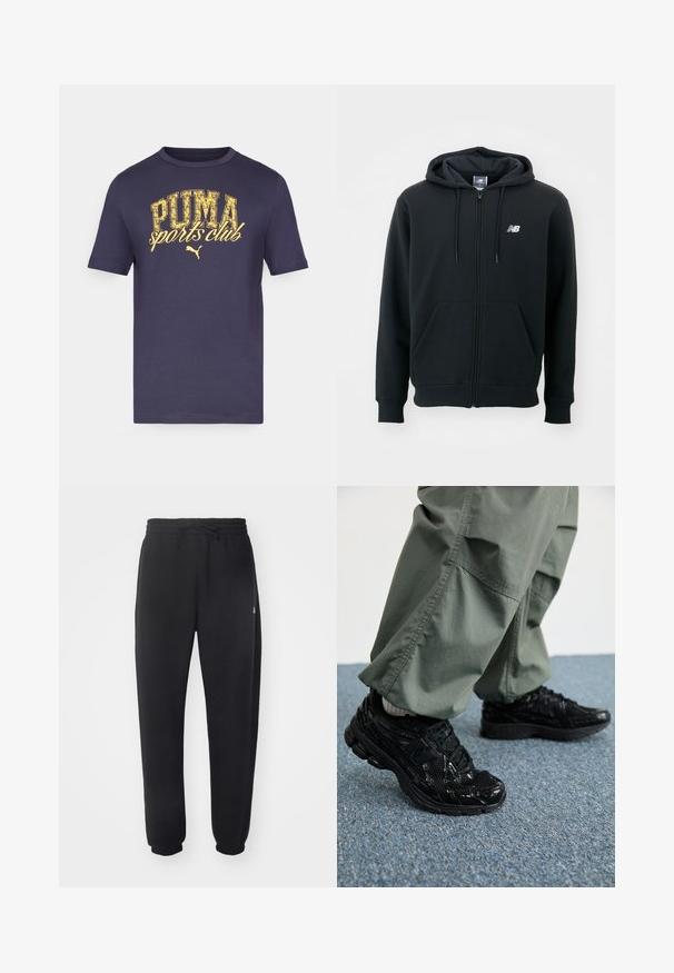 Hoodie zippé noir avec une capuche à cordon, poches avant, poignets côtelés et un petit logo blanc sur la poitrine gauche. Matière en mélange de coton doux.; T-shirt à manches courtes en coton doux, de couleur bleu marine foncé, avec un texte "PUMA sports club" en jaune vif et un effet vieilli.; Pantalon de sweat noir en matière douce, avec une taille élastique, un cordon de serrage et des poignets fuselés, arborant un logo discret sur le côté.; Baskets de sport noires avec des textures brillantes et en mesh, dotées d'une semelle épaisse et de lacets, assorties à un pantalon cargo ample vert olive.