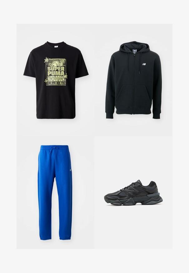 Svart hettejakke med glidelås, snorhette, frontlommer, ribbede mansjetter og en liten hvit logo på venstre bryst. Myk bomullsblanding.; Svart bomullst-skjorte med gul grafisk trykk som har teksten "SUPER PUMA WORLD TOUR" og en tegneseriefigur, front-sentrert design.; Blå joggebukser laget av mykt stoff, med elastisk midjebånd og snøring, smale ben og en liten logo-detalj på siden.; Svart løpesko med en blanding av mesh og syntetiske materialer, chunky såle, buet design og fremtredende merkevare på siden.