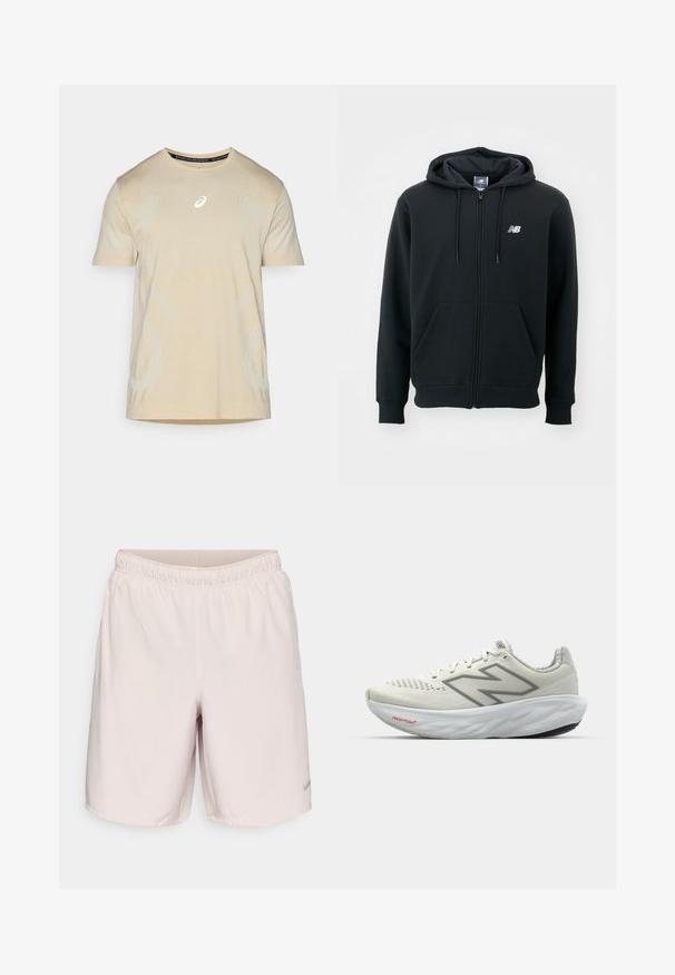 Černá mikina s kapucí na zip, se stahovací šňůrkou, předními kapsami, žebrovanými manžetami a malým bílým logem na levé straně hrudi. Měkký materiál z bavlněné směsi.; Svetle béžové sportovní tričko s krátkým rukávem a reflexními akcenty, s texturovaným povrchem, zakřivenými designovými liniemi a kulatým výstřihem.; Světle růžové sportovní kraťasy z hladké, lehké látky. Mají elastický pas a malý černý logo Nike na lemu.; Běžecká obuv v bílé barvě s šedými akcenty. Mřížková svrchní část, texturovaná podešev a výrazné logo "N". Součástí je polstrovaný límec a označení "Fresh Foam".
