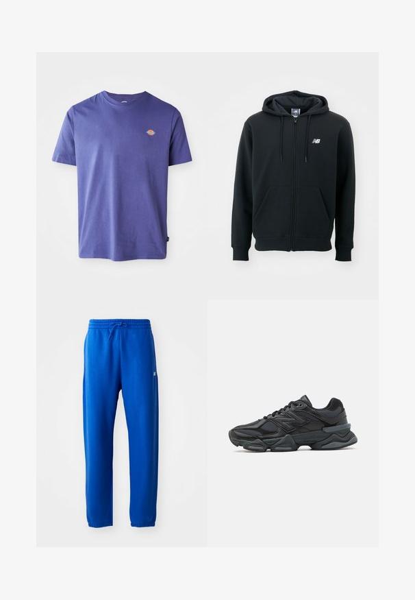 Černá mikina s kapucí na zip, se stahovací šňůrkou, předními kapsami, žebrovanými manžetami a malým bílým logem na levé straně hrudi. Měkký materiál z bavlněné směsi.; Fialové bavlněné tričko s kulatým výstřihem a krátkými rukávy. Obsahuje malé logo na hrudi. Hladká textura, volný střih.; Modré tepláky vyrobené z měkké látky, s elastickým pasem na šňůrku, zúženými nohavicemi a malým logem na boku.; Černá běžecká bota s kombinací síťoviny a syntetických materiálů, masivní podešev, zakřivený design a výrazné logo na boku.