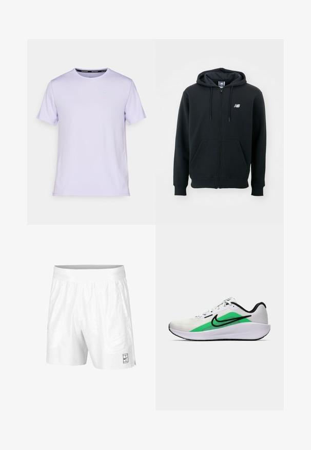 Hanorac negru cu fermoar, cu glugă cu șnur, buzunare frontale, manșete cu nervuri și un mic logo alb pe pieptul stâng. Material moale dintr-un amestec de bumbac.; Tricou sportiv cu mânecă scurtă de culoare mov deschis, confecționat dintr-un material neted, cu guler rotund. Dispune de un mic logo Nike reflexiv pe piept.; Pantaloni scurți albi de atletism realizați dintr-un material ușor, cu un brad elastic la talie, având două buzunare laterale și un mic logo negru pe tiv.; Pantof la sport alb cu un accent verde, logo negru, partea superioară din plasă, talpă căptușită și toc rotunjit. Dispune de șireturi și detalii în contrast.