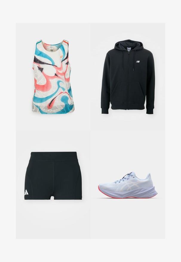 Svart zip-up hoodie med dragsko i huven, framfickor, ribbade ärmslut och en liten vit logga på vänster bröst. Mjuk bomullsblandning.; Ärmlös träningslinne gjort av elastisk mesh-stretchtyg. Har abstrakta mönster i rosa, blått och svart mot en vit bakgrund.; Svarta träningsshorts i stretchigt material, med hög midja, åtsittande passform och vitt Adidas-logga på vänster sida.; Ljusblå idrottssko med ett strukturerat mesh-övre, vita logodetaljer, en vadderad sula och en rosa yttersula. Har en elegant, ergonomisk design.