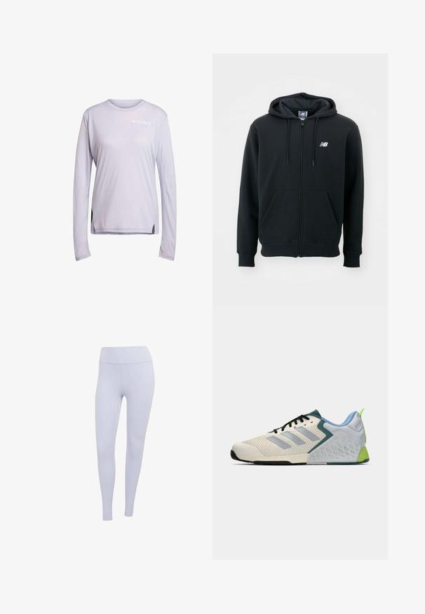 Crna dukserica na zatvaranje s kapuljačom na šnirc, prednjim džepovima, rebrastim manžetama i malim bijelim logom na lijevoj strani prsiju. Mekani materijal od pamuka.; Svijetlo ljubičasta dugosleeve majica od prozračnog materijala. Ima mrežaste detalje sa strane i bijeli TERREX logo na prsima.; Svijetloplave tajice izrađene od rastezljivog materijala. Visoki struk, glatke teksture, bez vidljivih šavova ili uzoraka.; Lagane atletske cipele s gornjim dijelom od kremaste mreže, sivoj prugama, zelenim akcentom i teksturiranim plavim potporom pete. Crne vezice.