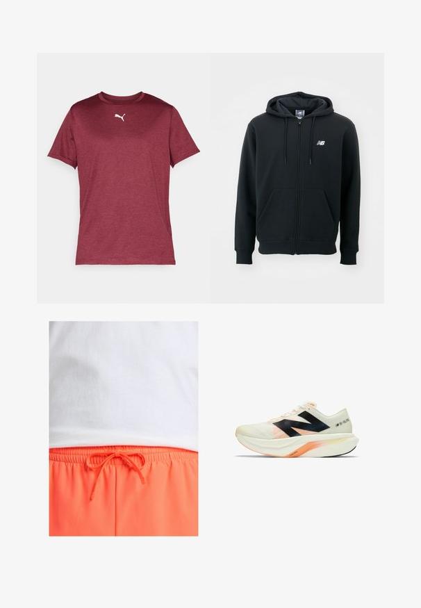 Svart zip-up hoodie med dragsko i huven, framfickor, ribbade ärmslut och en liten vit logga på vänster bröst. Mjuk bomullsblandning.; Mörkröd t-shirt med kort ärm i slät tyg som har en vit Puma-logga på bröstet, med en ribbad rundad halsringning.; Vit bomulls t-shirt ovanför ljusorangea shorts med dragsko i midjan. Shortsena har en rynkad elastisk band och en snörning.; Lättviktig löparsko i vitt med svarta och korallfärgade accenter. Har en andningsbar ovandel, uttalad dämpning och en elegant, aerodynamisk form.