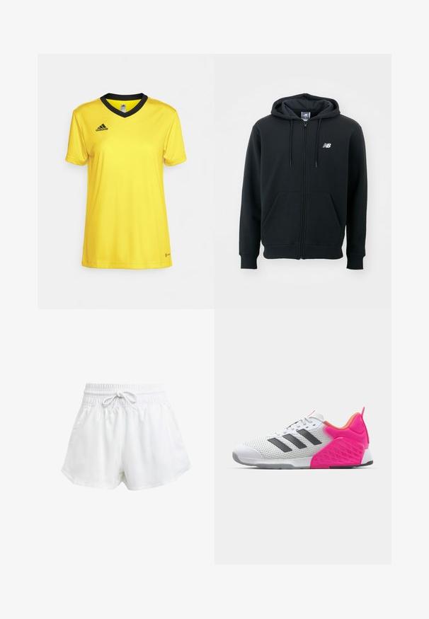 Hanorac negru cu fermoar, cu glugă cu șnur, buzunare frontale, manșete cu nervuri și un mic logo alb pe pieptul stâng. Material moale dintr-un amestec de bumbac.; Tricou sportiv galben, fabricat dintr-un material neted, cu guler în V negru și mâneci scurte. Logo-ul Adidas este prezentat în negru.; Shorts albi sportivi cu talie elastică și șnur ajustabil. Fabricate dintr-un material ușor, cu buzunare laterale și o croială largă.; Adidaș alb cu dungi gri, superior din plasă și toc și accente roz. Are toc texturat și talpă din cauciuc. Șireturile și gulerul căptușit.
