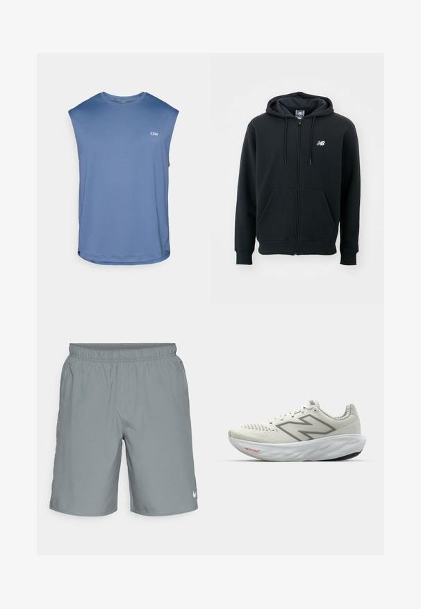Schwarzer Reißverschluss-Hoodie mit einer Kapuze mit Kordelzug, vorderen Taschen, gerippten Bündchen und einem kleinen weißen Logo auf der linken Brust. Weiches Baumwollmischgewebe.; ICANIWILL STRIDE SLEEVELESS - Top - dusty twilight blue; Grau athletische Shorts mit einem elastischen Bund, Seitentaschen und einem kleinen weißen Logo auf der unteren rechten Seite. Glatte Textur.; Laufschuh in Weiß mit grauen Akzenten. Obermaterial aus Mesh, strukturierte Sohle und auffälliges "N"-Logo. Verfügt über einen gepolsterten Kragen und ein "Fresh Foam"-Label.