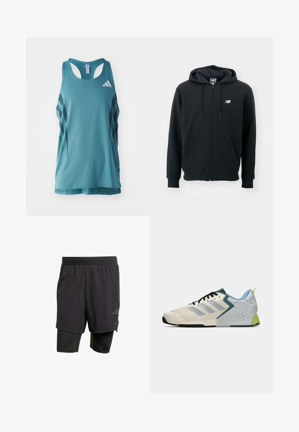 Crna dukserica na zatvaranje s kapuljačom na šnirc, prednjim džepovima, rebrastim manžetama i malim bijelim logom na lijevoj strani prsiju. Mekani materijal od pamuka.; Svijetlo tirkizna atletska majica bez rukava s teksturiranim mrežastim uzorkom, koja sadrži crne dijagonalne pruge i bijeli logo u gornjem lijevom kutu.; Crne atletske šortse s integriranim unutarnjim slojem, izrađene od prozračnog materijala. Sadrže suptilan logo i strukturiranu teksturu. Podesivi pojas.; Lagane atletske cipele s gornjim dijelom od kremaste mreže, sivoj prugama, zelenim akcentom i teksturiranim plavim potporom pete. Crne vezice.