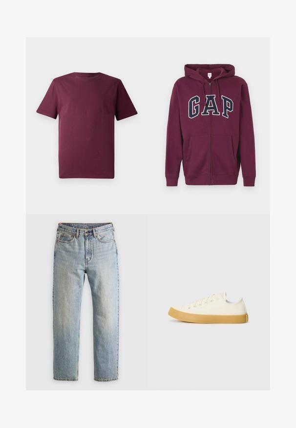 Burgunderfarget hettegenser med glidelås, med en frontlomme, med en stor "GAP"-logo i hvitt og marineblått over brystet. Glatt stoff, justerbar hette.; Bordoux kortermet t-skjorte, laget av glatt bomullsstoff, har en klassisk rund hals og en avslappet passform uten synlige mønstre eller aksenter.; Lys blå denim jeans med høy midje, frontknapp, glidelås og fem-lommers design, lagt flatt på en nøytral bakgrunn.; Canvas sneakers i off-white med rund tå, med beige gummisåler og fem hull for lisser, strukturert finish på overdelen.