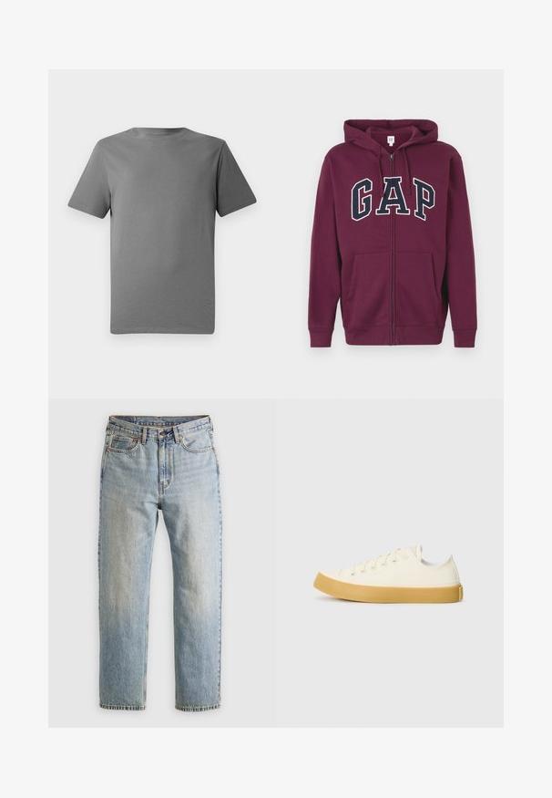 Burgunderfarget hettegenser med glidelås, med en frontlomme, med en stor "GAP"-logo i hvitt og marineblått over brystet. Glatt stoff, justerbar hette.; Grå kortermet t-skjorte laget av myk bomull, med rund hals, glatt tekstur, og uten synlige mønstre eller detaljer.; Lys blå denim jeans med høy midje, frontknapp, glidelås og fem-lommers design, lagt flatt på en nøytral bakgrunn.; Canvas sneakers i off-white med rund tå, med beige gummisåler og fem hull for lisser, strukturert finish på overdelen.