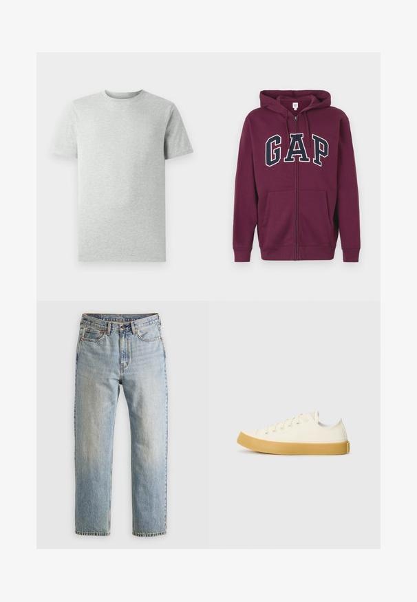Burgundia tõmblukuga kapuutsiga sviiter, millel on ees tasku ja suur "GAP" logo valges ja tumesinises värvitoonis rinna peal. Sile kangas, reguleeritav kapuuts.; Ühtlane heledahall lühikeste varrukatega ümmarguse kaelusega T-särk, esiplaanil, valge tausta ees, ilma nähtavate logode või kujunditeta.; Heledad hele sinine teksapükste kõrge vöökoht, ees nupuga, lukuga ja viie taskuga disain, asetatud tasasele neutraalsele taustale.; Kangasneakerid kreemjas valges, ümmarguse varbaga, beeži kummitaldaga ja viie silmaga paelte jaoks, tekstuurse viimistlusega ülaserv.
