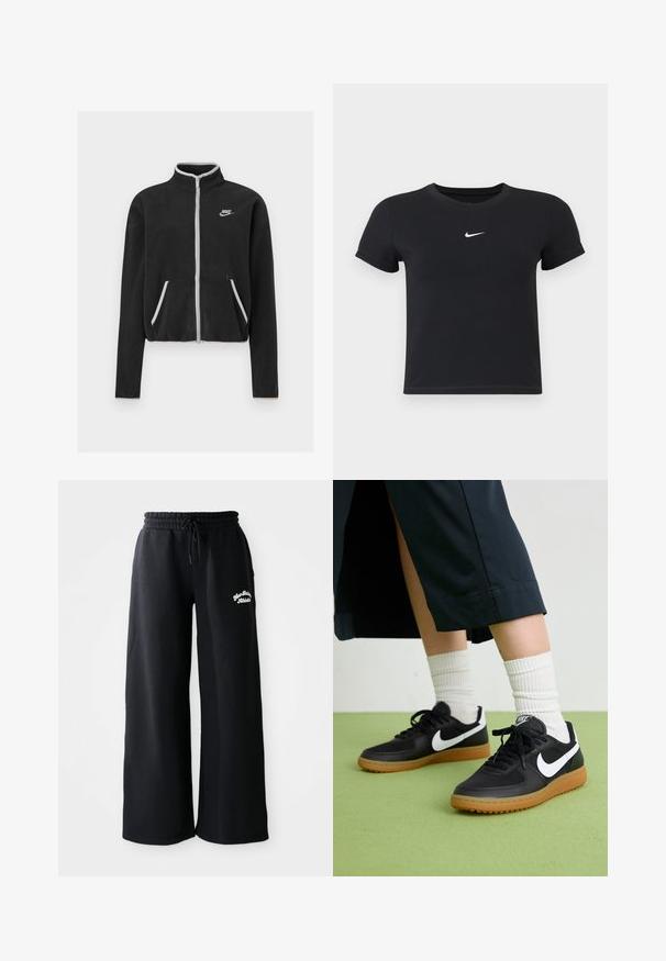 Svart fleecejacka med hög krage, full dragkedja, vita detaljer och sidofickor. Har en liten Nike-logga på vänster bröst.; Svart kortärmad t-shirt i bomull med rund halsringning. Har en vit Nike-logotyp på bröstet, minimalistisk design och figurnära passform.; Svarta vida sweatpants med dragsko i midjan. Har broderad text på vänster sida, tillverkad av mjukt bomullsmaterial.; Svarta läder- och syntetiska sneakers med vit Nike-logga, gummisula, rund tå och svarta snörningar. Ribbad vit strumpor synliga.
