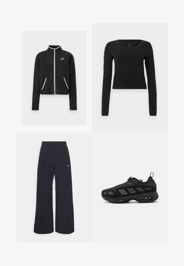 Juodas poliesterinis švarkas su aukštu apykakle, visišku užtrauktuku, baltais akcentais ir šoninėmis kišenėmis. Ant kairiojo krūtinės yra mažas Nike logotipas.; Ilgi rankoviai, trumpas marškinėliai iš vienspalvės juodos medvilnės. turi apvalų iškirpimą ir lengvą šoninių susiraukšlėjimų detalę, suteikiančią prigludusį vaizdą.; Juodos plačios kojos kelnės su elastinga liemene ir mažuoju baltu Nike logotipu. Audinys turi lygią tekstūrą, sukurtas patogumui ir kasdieniam nešiojimui.; Juodas sportinis batelis su paminkštintu padu, akytos medžiagos viršumi ir tekstūruotais akcentais. Įrengtas traukimo kilpa ir apskritas užsegimas viršuje.