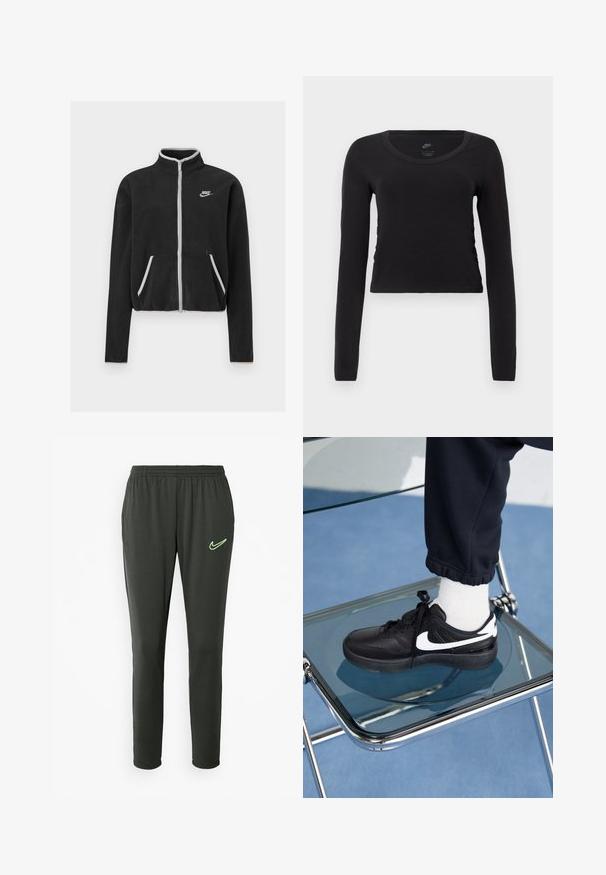 Black fleece jacket with a high collar, full zip, white accents, and side pockets. Features a small Nike logo on the left chest.; Long-sleeve, cropped t-shirt in solid black cotton. Features a round neckline and slight side gathering detail for a fitted look.; Nike jogger pants in dark gray, featuring an elastic waistband, tapered legs, and a neon green logo accent on the left thigh.; Black Nike sneakers with white accents, featuring a smooth leather texture, lace-up design, and rounded toe, positioned on a glass chair.