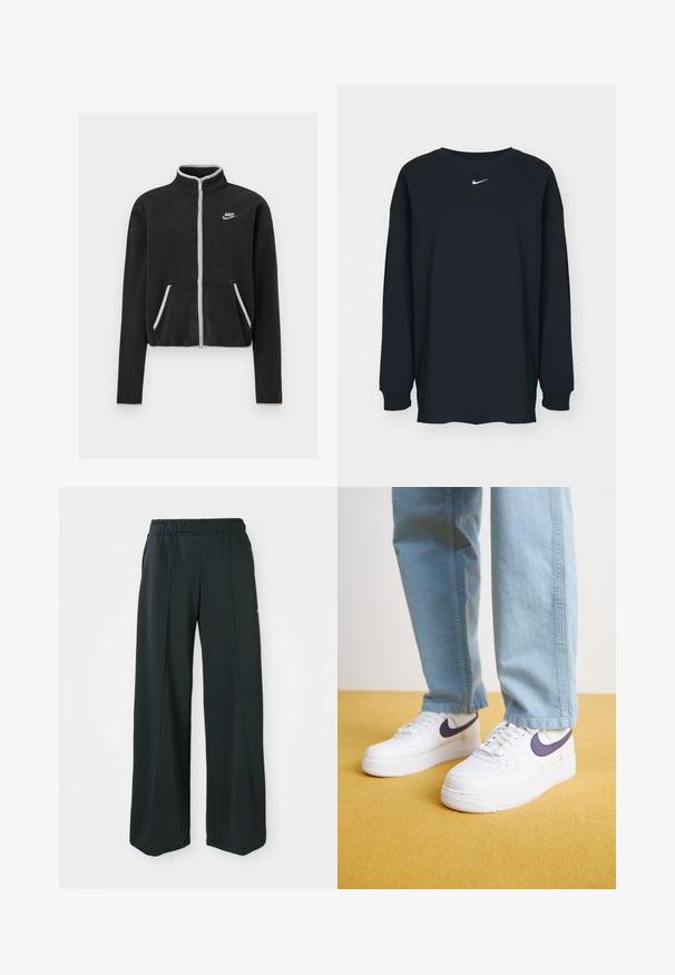 Μαύρο φλις μπουφάν με ψηλό γιακά, πλήρη φερμουάρ, λευκές λεπτομέρειες και πλαϊνές τσέπες. Διαθέτει μικρό λογότυπο Nike στο αριστερό στήθος.; Μαύρο μακρυμάνικο μπλουζάκι φτιαγμένο από βαμβάκι με στρογγυλή λαιμόκοψη. Διαθέτει το λευκό λογότυπο της Nike στο στήθος. Μαλακή υφή, απλός σχεδιασμός.; Μαύρο, αθλητικό παντελόνι με φαρδιά πόδια και ελαστική μέση. Κατασκευασμένο από απαλό, ελαστικό ύφασμα, με διακριτές ραφές μπροστά και χωρίς τσέπες.; Nike Sportswear AIR FORCE 1 07 NEXT NATURE - Αθλητικά παπούτσια - white/dark raisin