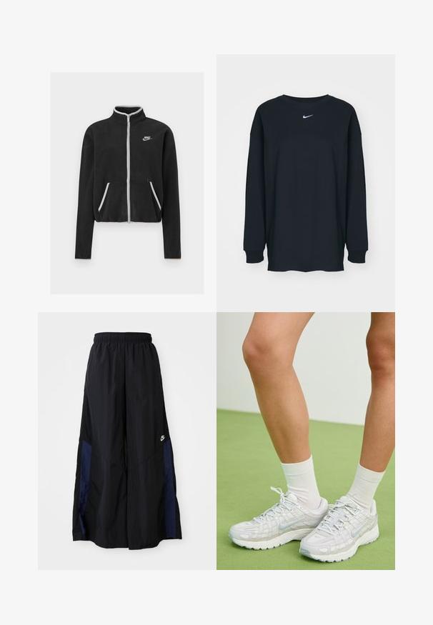 Must kootidejakiga, millel on kõrge krae, täispikk tõmblukk, valged aksessuaarid ja küljetaskud. Vasakul rinnal on väike Nike logo.; Must have pikkade varrukatega must T-särk, mis on valmistatud puuvillast ja millel on ümar kaelus. Rinnal on valge Nike logo. Pehme tekstuur, lihtne disain.; Mustad laiad mustad püksid kergest kangast, millel on tumesinine külgpaneel ja elastne vöökoht. Väike valge logo allservas.; Valged Nike spordijalatsid on varustatud tekstuurse võrgu pealmise osaga, peegeldavate elementide ja pehmendusega tallaga. Need on kombineeritud valgete sokkidega, rohelise põranda taustal.
