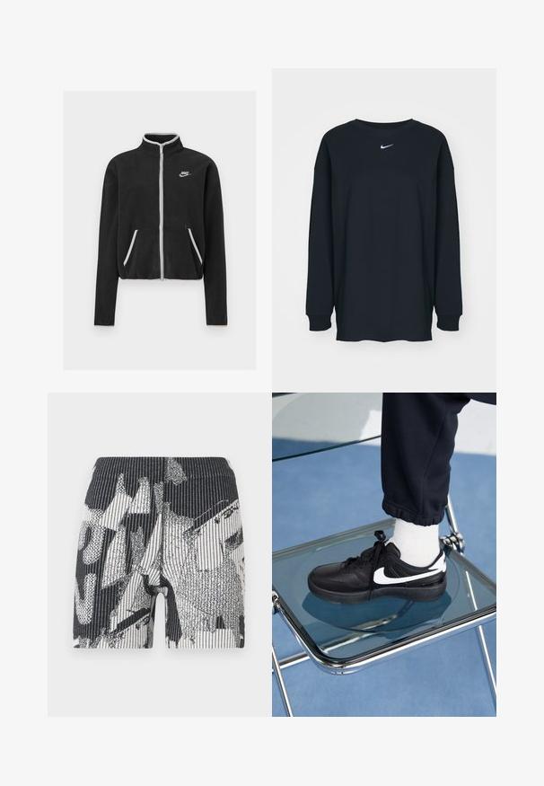 Black fleece jacket with a high collar, full zip, white accents, and side pockets. Features a small Nike logo on the left chest.; Black long-sleeve T-shirt made of cotton with a crew neckline. Features a white Nike logo on the chest. Soft texture, simple design.; Black and white patterned shorts with a ribbed texture. Design features abstract shapes and stripes. Elastic waistband for snug fit.; Black Nike sneakers with white accents, featuring a smooth leather texture, lace-up design, and rounded toe, positioned on a glass chair.